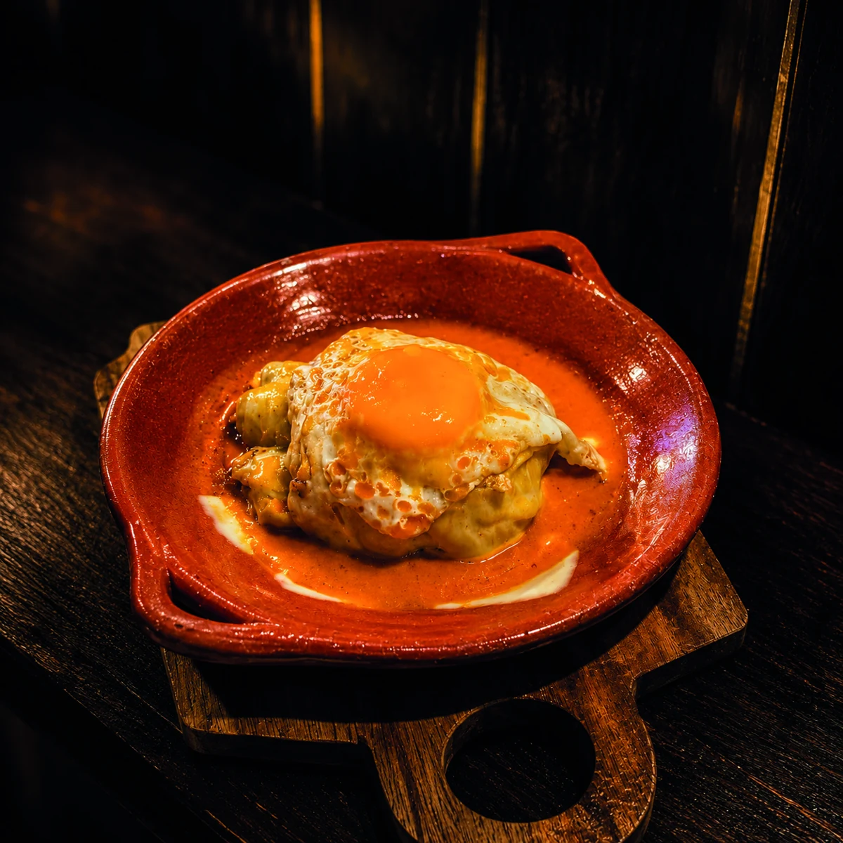 Francesinha da Bó com molho e ovo, servida numa travessa de barro